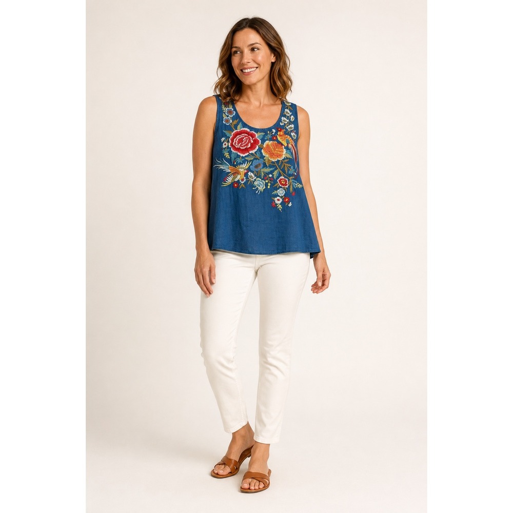 Johnny Was Linen Tank Top M Embroidered Birds Floral Teal Blue Boho Tunic